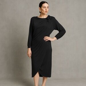 Jean Muir London Black Jersey Knit Wrap Dress Bow Shoulder UK12 US10 Vintage 80s